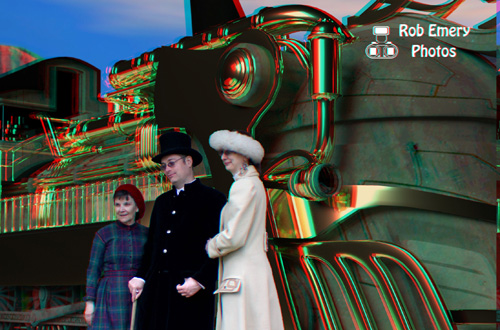 Victorian folks with a steampunk train